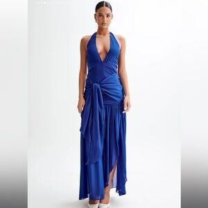 Meshki Graziana Satin Chiffon Plunge Maxi Dress in Cobalt Blue